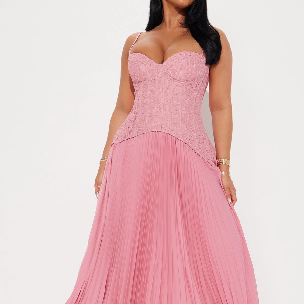 Fashion Nova Pink Lace Bustier Pleated Maxi Dress